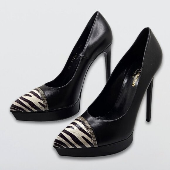 YSL Janis Pumps Pointed Cap Toes Zebra Pattern Snakeskin Calf Leather Black 40 - Picture 3 of 14